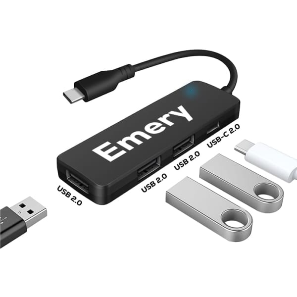 A black USB hub with USB Type-C and USB Type-A ports, featuring the "Emery" logo.