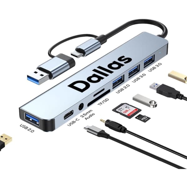 A silver USB hub features multiple ports, including Type-C, Type-A, and card slots, with a logo.