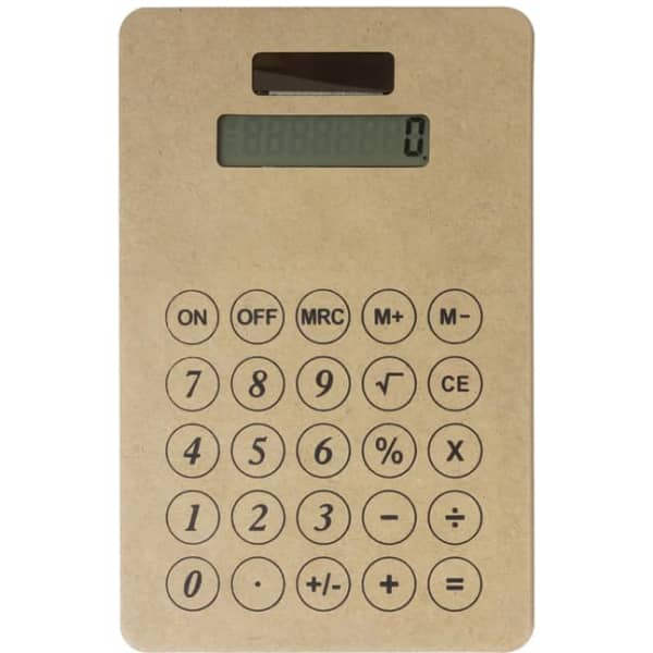 A tan eco-friendly solar calculator featuring a digital display and a numerical keypad.