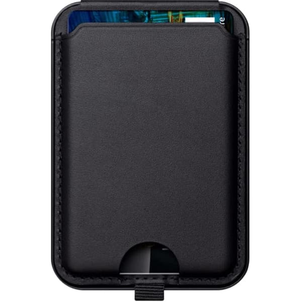 A black magnetic card wallet stand with a sleek design and an opening at the bottom for easy access.