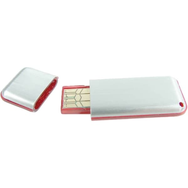 An aluminium slim drive in silver and red, featuring a removable cap and a USB connector.