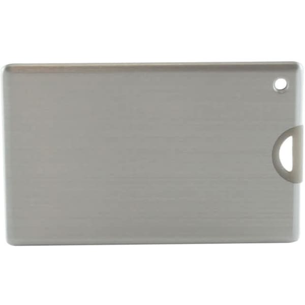 A sleek silver credit card-sized flash drive with a rounded corner and a hole for attachment, featuring a logo.