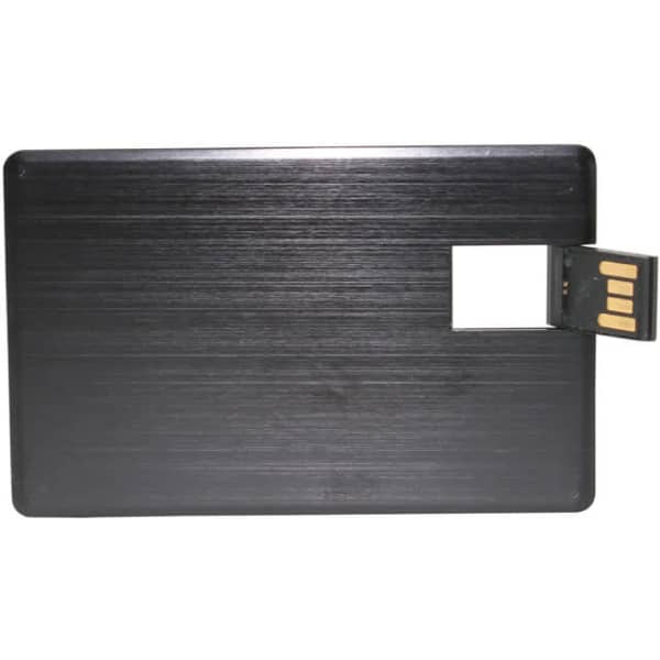 A sleek black credit card-sized flash drive with a brushed metal finish and a retractable USB connector.