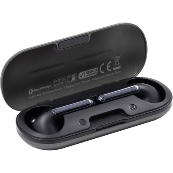 A pair of black Aria true wireless earbuds resting in a black charging case with a logo and branding.