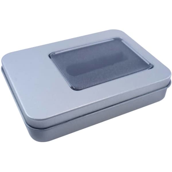 A silver tin container with a clear PVC window, designed for pen packaging.