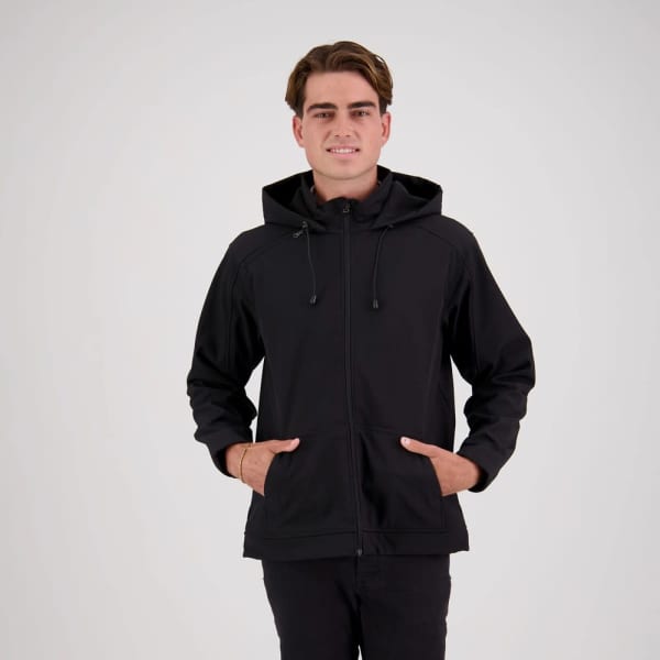 A black softshell hoodie with a zip front, pockets, and a hood, worn by a male model.