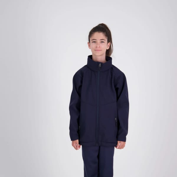 A child wearing a navy blue softshell jacket with a high collar, featuring a zip front and pockets.