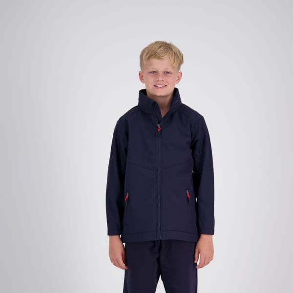 A child wearing a navy zip-up jacket with red pulls and side pockets, standing against a plain background.
