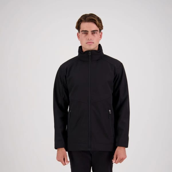 A men's black softshell jacket with a zip front and side pockets, featuring a logo on the chest.