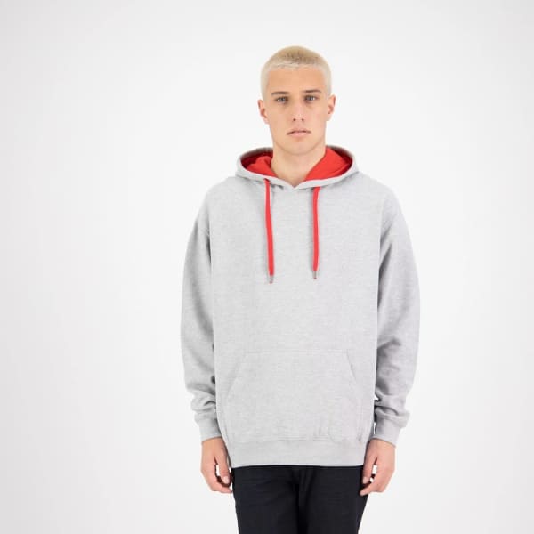 A grey hoodie with a red inner lining and drawstrings, featuring a front pocket and a logo.