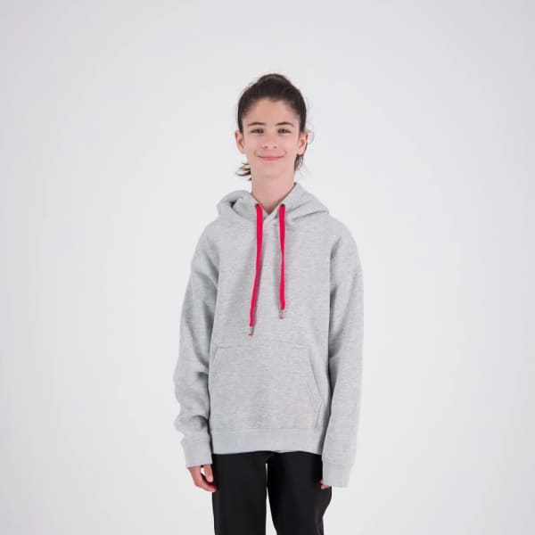 A grey hoodie for kids featuring a red drawstring and a front pocket, with a logo visible on the garment.