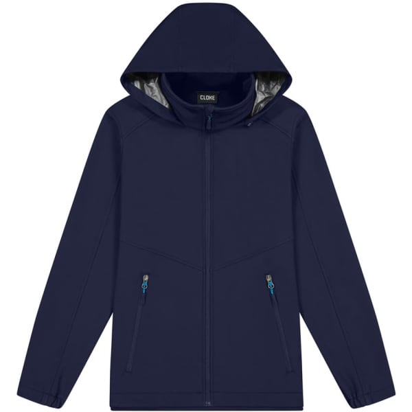 A navy soft shell jacket with a hood, featuring contrast zip pulls and two front pockets. It has a branding logo.
