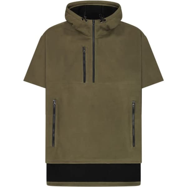 A short-sleeved windproof fleece jacket in olive green with a hood and zippered pockets. Features branding.