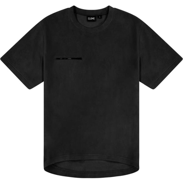 A black fleece tee with a simple design, featuring a logo and short sleeves.