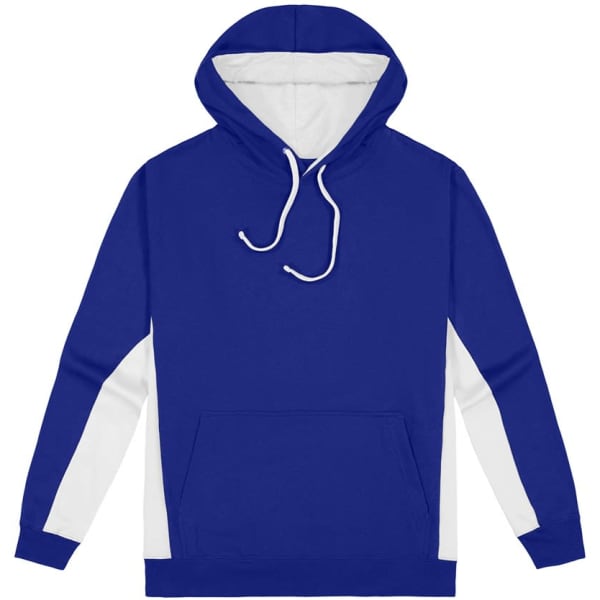 A blue and white hoodie with a front pocket and a hood, featuring a logo.