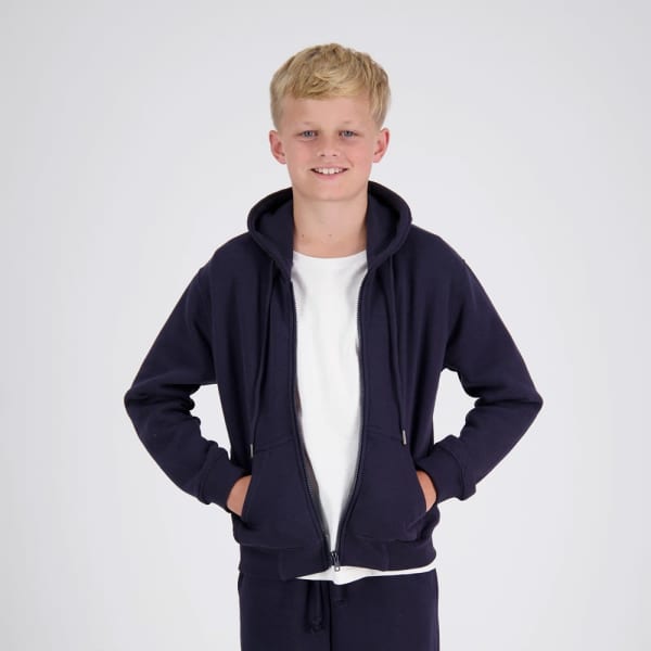 A navy zip-up hoodie for kids, featuring a hood and front pockets, with a simple branding logo.