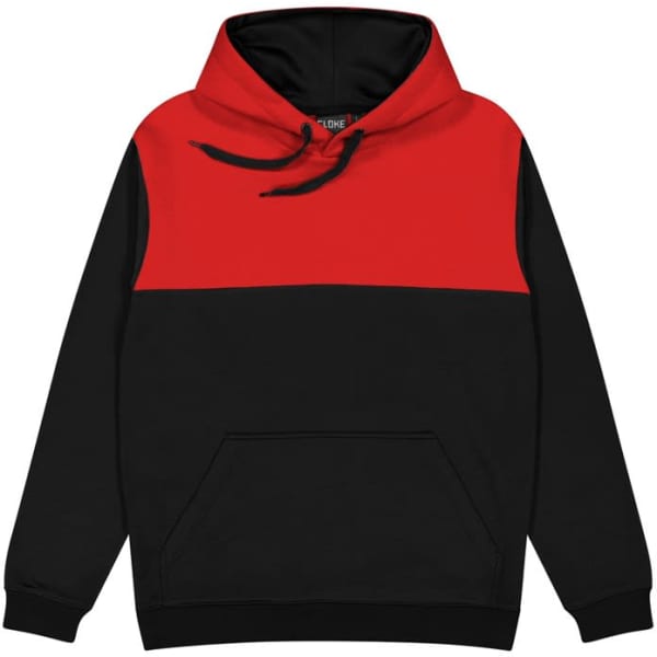 A children's hoodie featuring a red upper section and black lower section, with a front pocket and a hood.