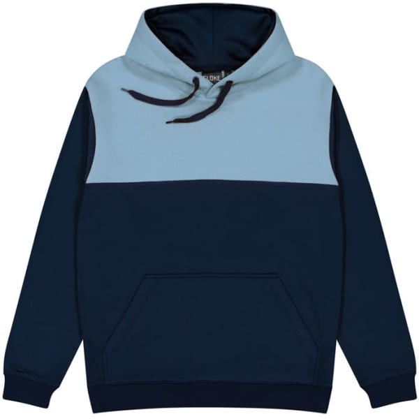 A two-tone hoodie featuring a light blue upper and a navy lower portion, with a front pocket and adjustable drawstrings.