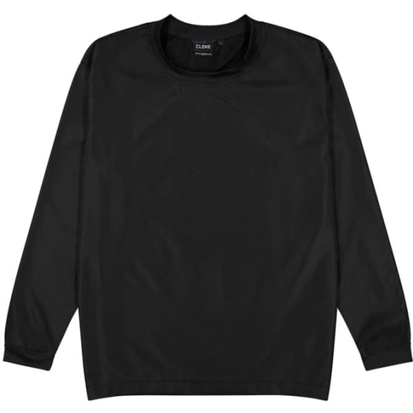 A black long-sleeved training top with a round neck and a smooth fabric finish. It features a brand logo on the collar.