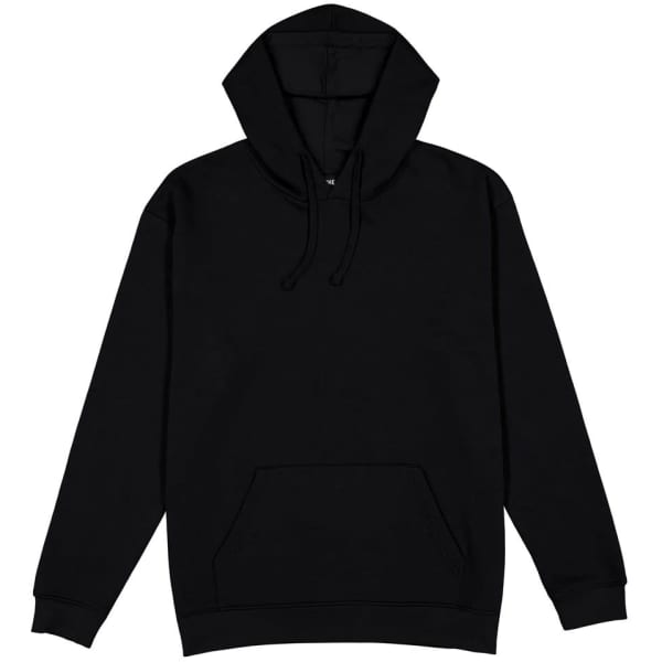 A black hoodie with a front pocket and a drawstring hood, featuring a logo.
