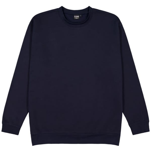 A navy blue crew neck sweatshirt with long sleeves and a ribbed cuff, featuring a branding logo.