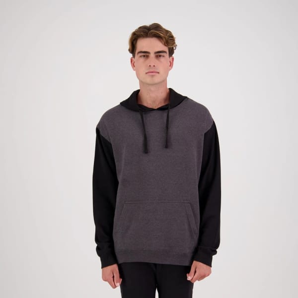 A hoodie featuring a grey body and black sleeves, with a drawstring hood and a pocket. It has a logo.