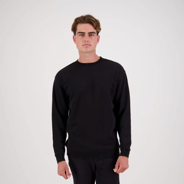 A black crew neck sweatshirt in a simple design, featuring long sleeves and a loose fit.
