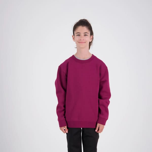 A kid wearing a maroon crew neck sweatshirt, standing against a plain background. The sweatshirt has a logo.