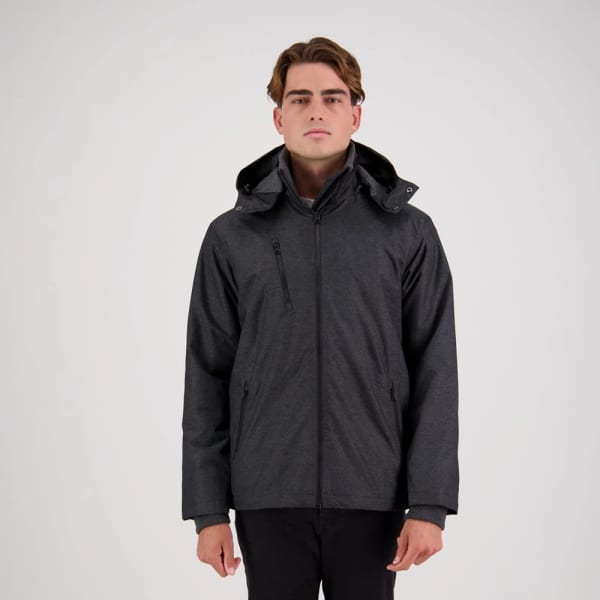 A dark grey jacket with a hood, featuring a zippered front and a logo on the chest.