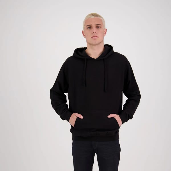 A black hoodie with a front pocket and a drawstring hood, featuring a small logo.