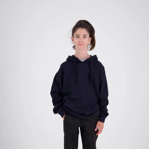 A navy blue kids' hoodie with a front pocket and adjustable drawstring. It features a logo on the front.