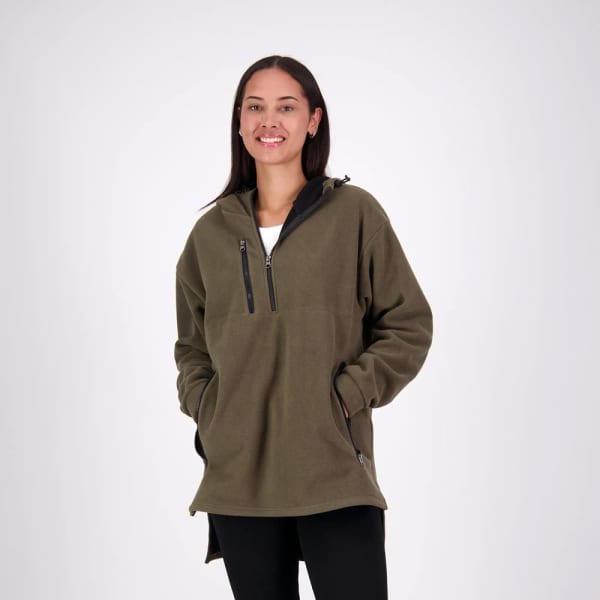 A windproof fleece jumper in olive green, featuring a half-zip and front pockets, modelled by a woman.