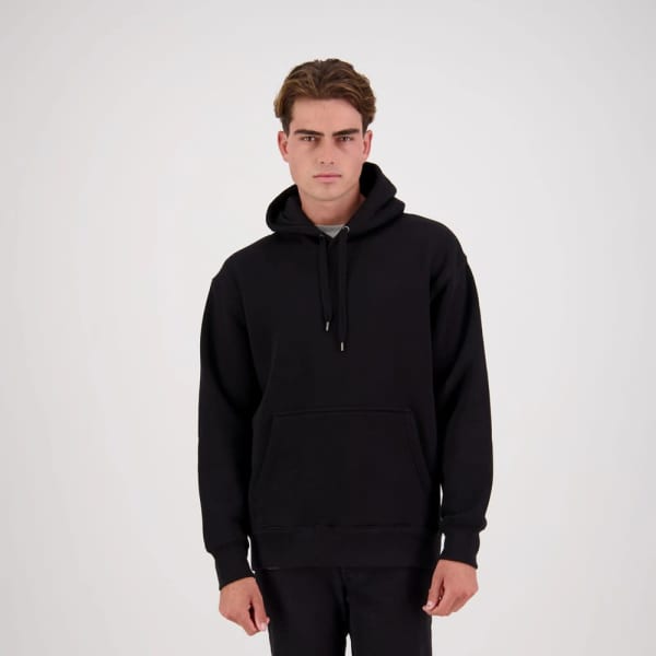 A black hoodie featuring a front pocket and an adjustable hood, displayed on a model against a plain background.