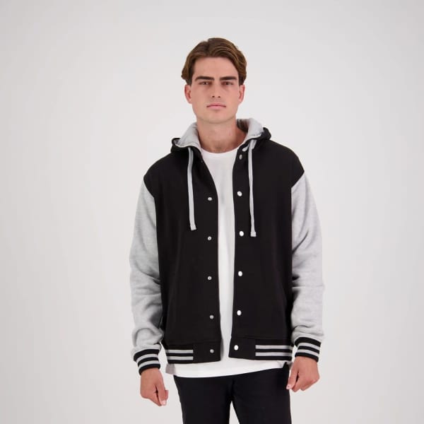 A hooded varsity jacket featuring a black body and grey sleeves, with snap buttons and a hood.