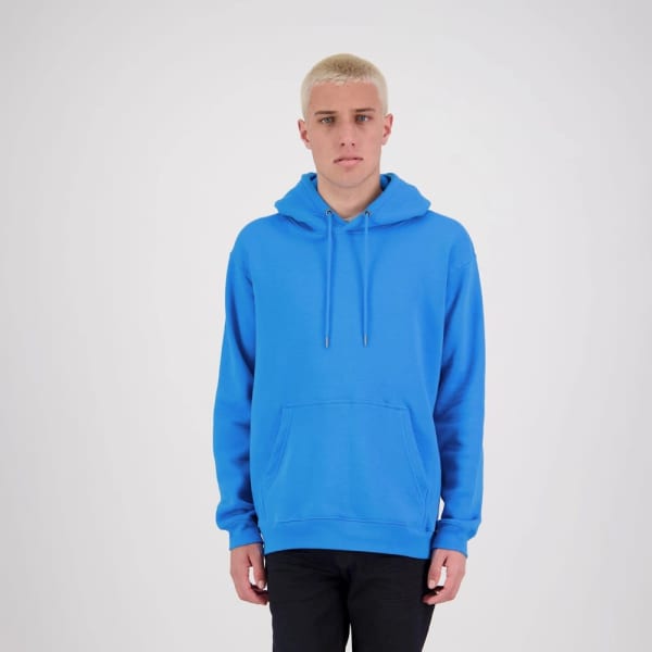 A blue men's hoodie with a front pouch pocket and drawstring hood, featuring a logo on the front.