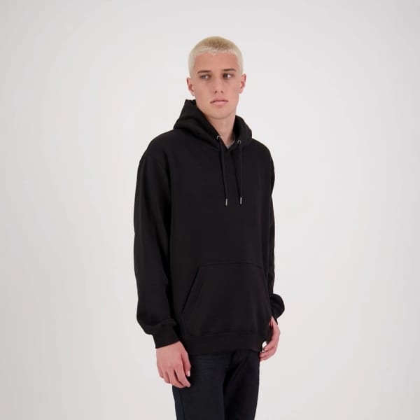 A black hoodie with a drawstring hood and kangaroo pocket, modelled by a person. Features branding.