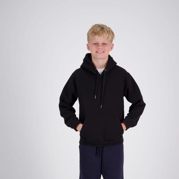 A black hoodie for kids featuring a front pocket and a hood, presented on a smiling child.