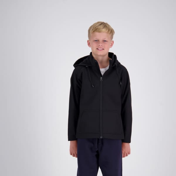 A black softshell hoodie for kids with a zip front, hood, and front pockets. It features a logo on the chest.