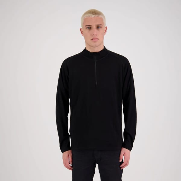 A black men's jumper with a half zip, featuring a high collar and long sleeves, displaying a branding logo.
