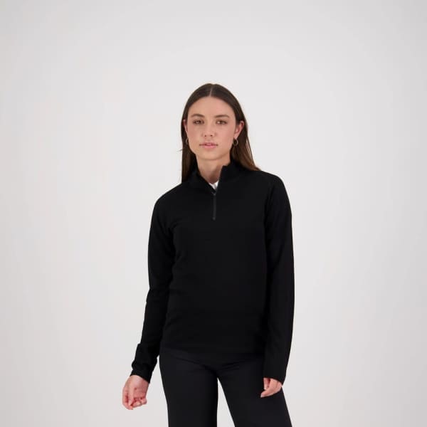 A black women's jumper with a half zip and long sleeves, featuring a branding logo.