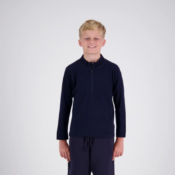A child wearing a navy blue half-zip jumper, featuring a standing collar and long sleeves.