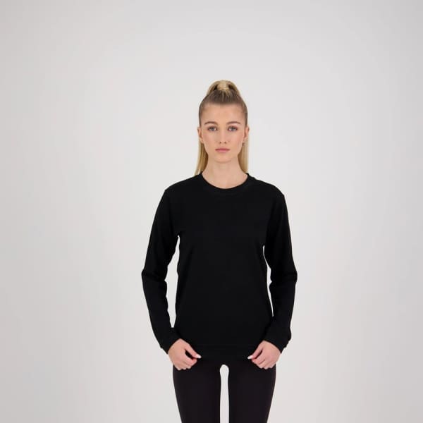 A black women's jumper is displayed, featuring a simple design and long sleeves. It has a small logo.