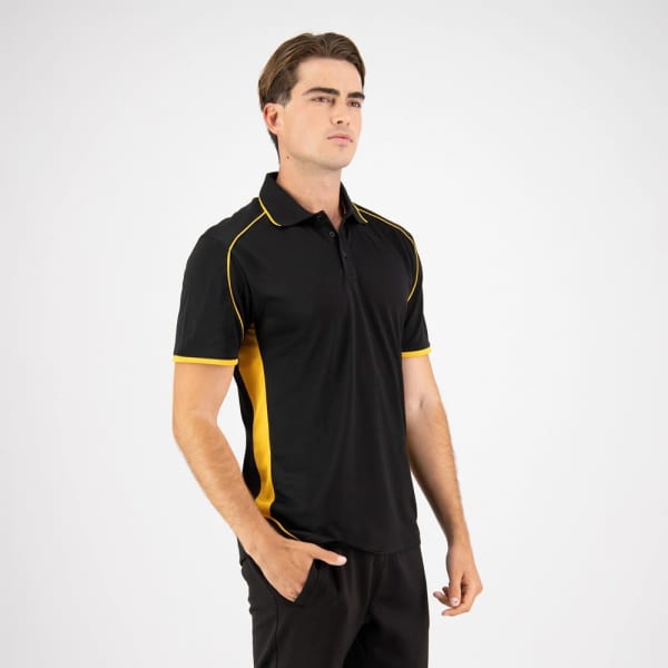 A black polo shirt with yellow piping and a logo, featuring a modern fit and a collar.