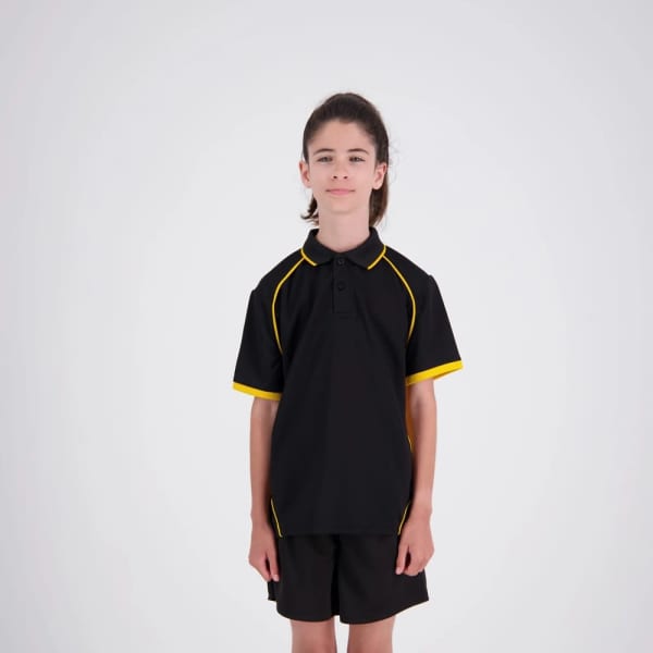 A black and yellow polo shirt designed for kids, featuring short sleeves and a logo.