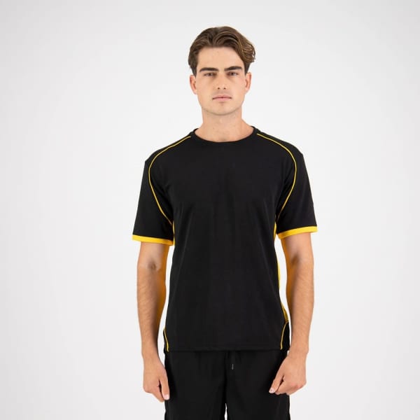 A black T-shirt with yellow accents, featuring a logo, displayed on a model against a plain background.