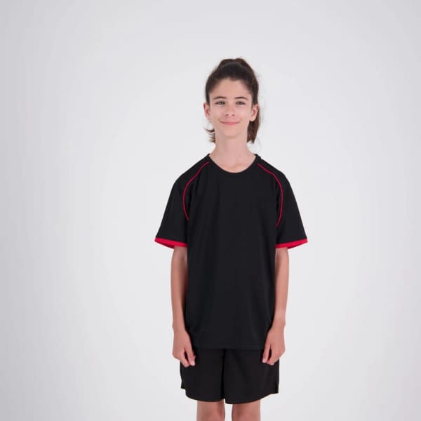 A black and red kids' T-shirt displayed on a child, featuring short sleeves and a casual fit.