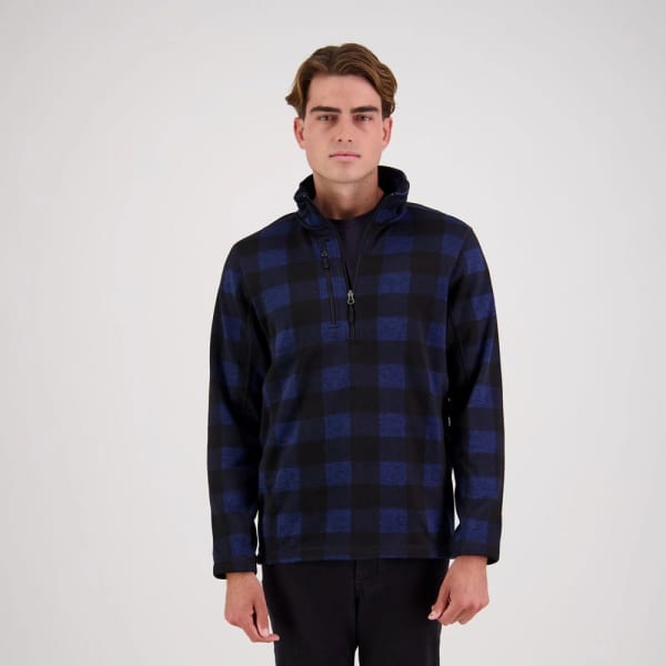A checked polar fleece jumper in navy blue and black, featuring a half zip and a collar, with a branding logo.