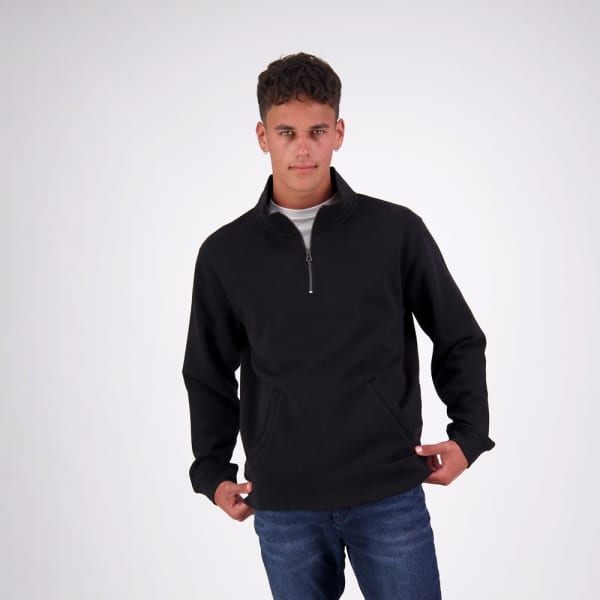 A black quarter-zip jumper with a high collar and side pockets, displayed on a model.