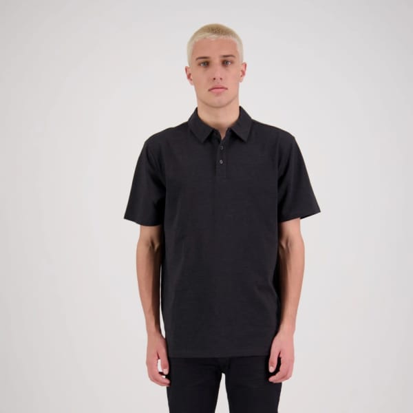 A mens' polo shirt in dark grey, featuring a collar and a logo on the chest.