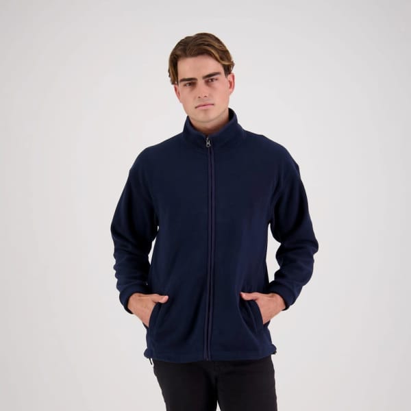 A men's microfleece jacket in navy, featuring a zip front and a logo on the chest area.
